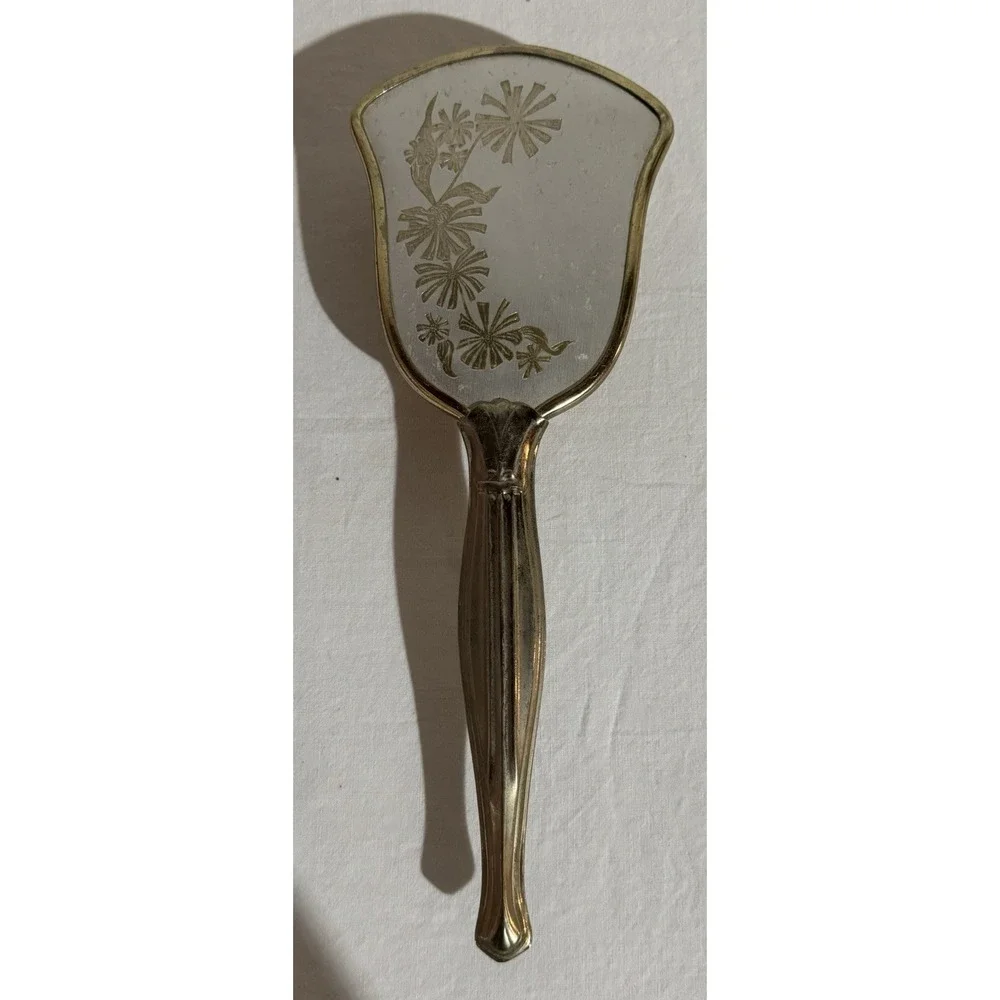 Vintage Silver Tone Hairbrush With Glass Mirror Handle‎